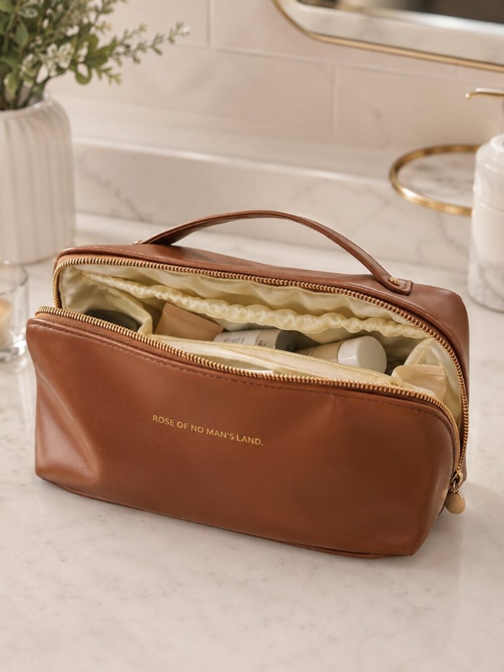Brown Faux Leather Travel Toiletry Bag Rose of No Man’s Land Organizer